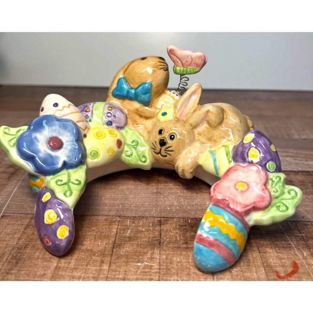 Ceramic Easter Bunny With Eggs & Flowers Candle Topper For Jar Candles